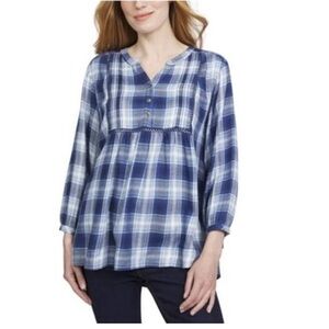 Wrangler Blue and White Boxy Blouse with Mandarin Collar